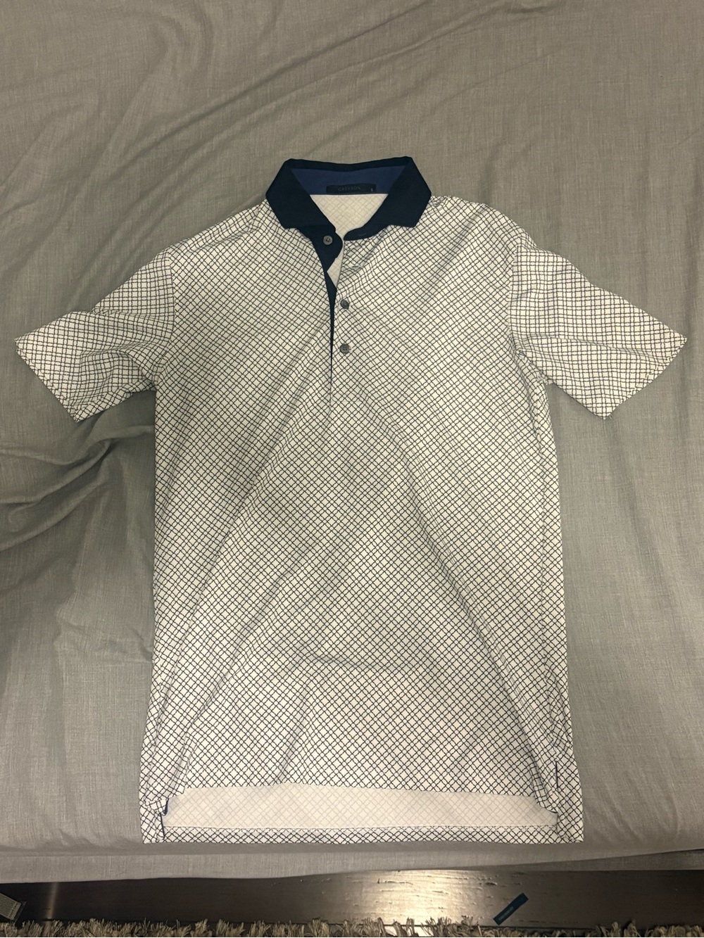 Greyson White Polo with Navy Geometric Grid